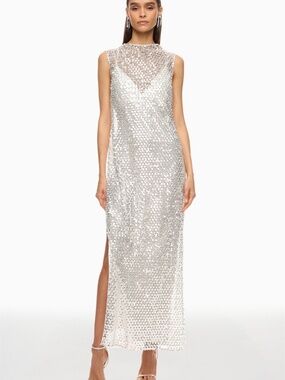 Shona Joy ASTERI Sequin White Silver Maxi Dress High Neck Gown - Size US 8